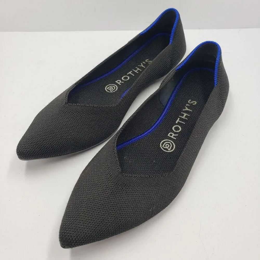 Rothys The Point Black Knit Flats 8.5 Womens Pointed Toe Washable Ballet Shoes